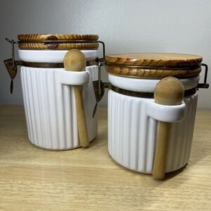 White Ceramic Food Storage Jars with Wooden Lids